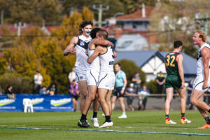 Sharks embrace after a goal.